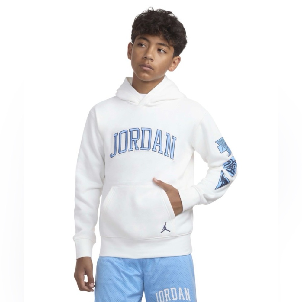 Nike Jordan White Blue “See Me Shine”‎ Fleece Pullover Hoodie Sweatshirt 10-12 M